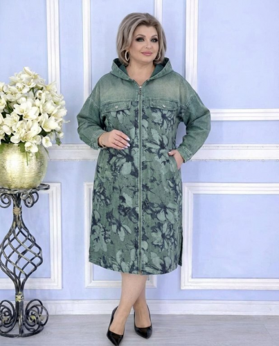 ДЖинсовый кардиган "Цветы" ( зеленый) (Китай, разные фабрики) — размеры 3XL, 4XL